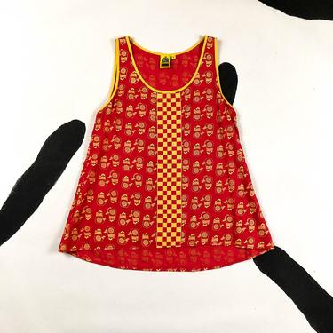 90s Funk For Hire Allover Hamsa and Checker Print Tank Top / Red and Yellow / Small / Cotton / Novelty / Hand / Henna / Mehndi / India / S 
