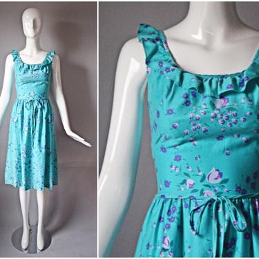 vtg 70s Malia aqua blue + pink floral print cotton sundress dress | ruffle trim petites summer 1970s bow waist | size 14 dress garden party 