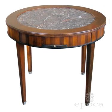 a good quality french de Bournay cherry and walnut parquetry game/lamp/center table with inset marble top
