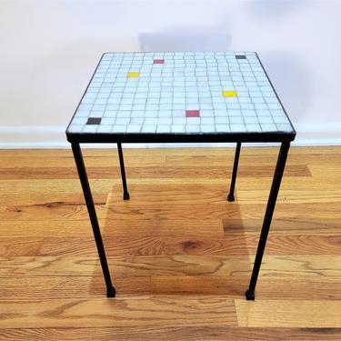 Mid Century Mosiac Tile Top and Black Iron Base Side Table 