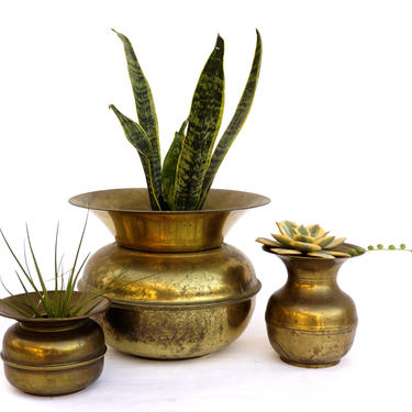 Vintage Brass Spittoon Collection / Planters || Set of 3 Assorted Sizes || Made in England || Boho Chic Decor 