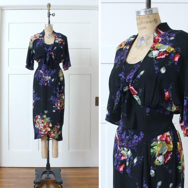vintage rayon floral dress • stylized 1990s does 1940s black rococo bouquet print dress 