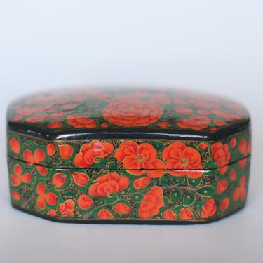 vintage lacquer paper mache box with lid-boho-trinketbox-stash box-orange flowers 