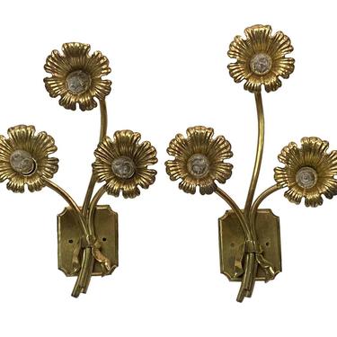 1940s French Art Deco Cast Brass Floral Wall Sconces