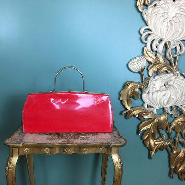 1950s handbag, vintage purse, mrs maisel style, bright red purse, rockabilly purse, top handle purse, shiny red bag, vegan patent leather 
