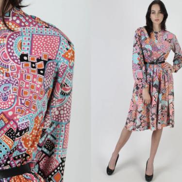 Vintage 70s Psychedelic Print Dress / Mod Abstract Geometric Shapes / Bright Knee Length Pink Puff Sleeve Full Skirt Midi Mini Dress 