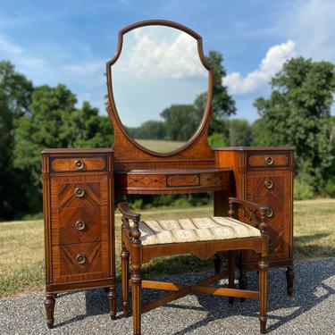 NEW - Antique Eight Drawer Vanity with Original Mirror and Bench, Farmhouse Vanity, Vintage Dressing Table 