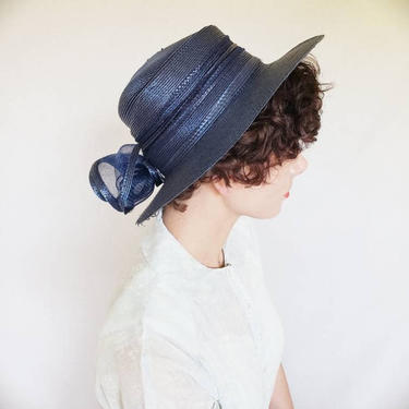 1980s Summer Hat Navy Blue Straw with Flower/ 80s Romantic Wide Brimmed Hat Shabby Chic Neo Edwardian Made in Italy 