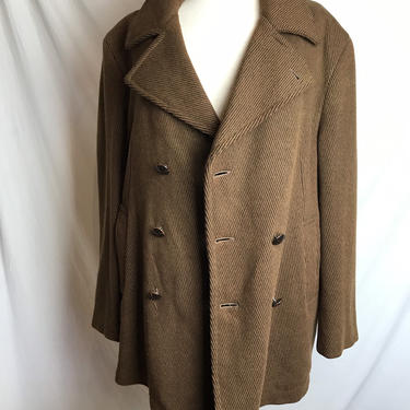 60’s 70’s Herringbone striped Brown wool winter jacket~ pea coat style~ retro double breasted car coat~ large rolled collar~ size 42 