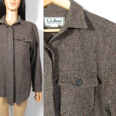 Vintage 90s LL Bean Herringbone Wool Fall Camping Shirt Jacket Button Up Made In USA Size M 
