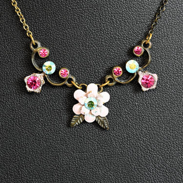 Vintage Michal Negrin brass enamel rhinestone floral bib necklace, elegant dainty Victorian style Swarovksi elements bling flowers necklace 