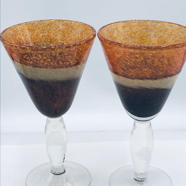 Handblown Glass Wine Glasses Goblets Glass Set of two Orange Brown Bohemian 