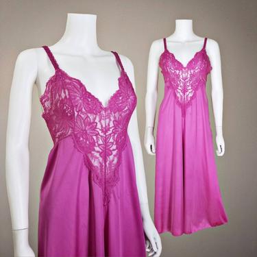 Vintage Olga Nightgown, Extra Large / Fuchsia Slip Dress Lingerie / Stretchy See Through Lace Bust / Ballet Length Silky Nylon Nightgown 