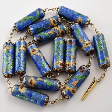 1920's Chinese Deco blue cloisonne sterling vermeil tubes necklace, water lily enamel 925 silver gold wash link necklace 