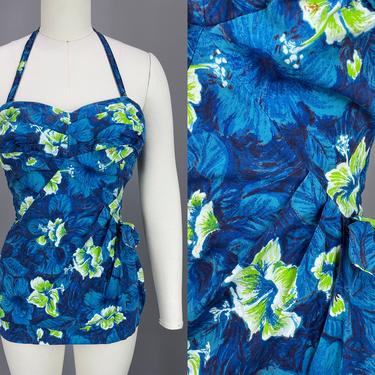 1950s Hibiscus Flower Swimsuit | Vintage 50s Blue & Green Cotton One Piece Bathing Suit | small 