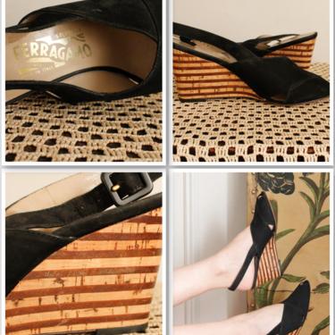 1980s Ferragamo Wedges // Brushed Leather Cork Wedges by Ferragamo // vintage 80s wedge sandals // 8M 