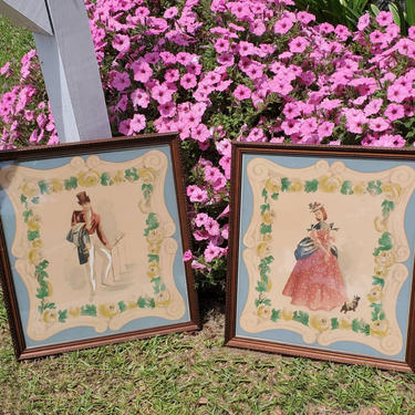 Large 1940s Airbrush Watercolor Set of a Victorian Man and Woman 40s Home Decor 40's Wall Art 