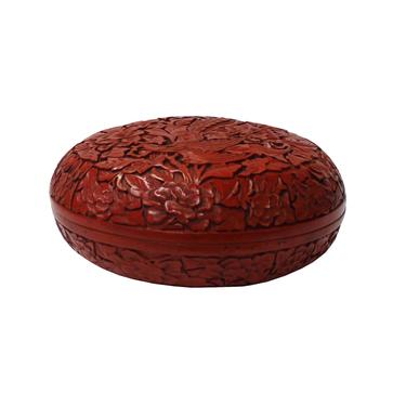 Chinese Red Resin Lacquer Round Floral Bird Carving Accent Box ws997E 