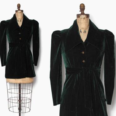 Vintage 70s does 40s Jacket / 1970s Dark Green Velveteen Puff Sleeve Belted Jacket by luckyvintageseattle