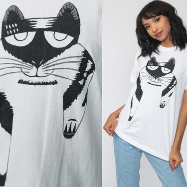 Cat Face Shirt Cartoon Cat Tshirt Animal Top 90s Graphic T Shirt Single Stitch Screen Print Tee 1990s White Black Vintage Small Medium 