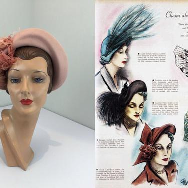Going Mad Abroad Shopping - Vintage 1940s Pastel Pink Wool Felt Bonnet Hat w/Feather Swirl 