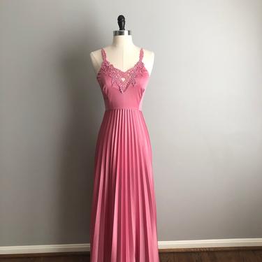 Vintage 70s Pink Lace Accordion Pleat Dress 