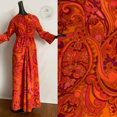 Vintage 60s 70s MOD Bathrobe • Psychedelic Orange Pink Purple Paisley • Fleece with Big Bow • Hippie Boho Rockabilly Sleepwear Gown Robe • L 