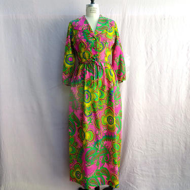 Vintage 1960's Hawaiian Mod Print Long Maxi Dress Shirt Style Malihini Hawaii 30&amp;quot; Waist Medium 