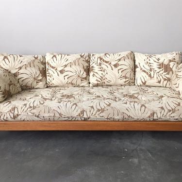 vintage 1970s oak sofa in monstera print by Howard Furniture