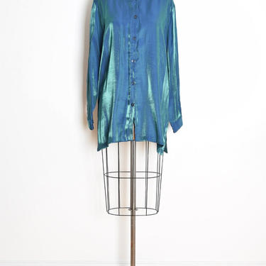 vintage 90s blouse shirt top iridescent teal plus size button up over sized 2X clothing 