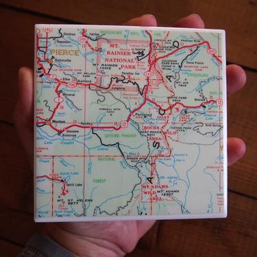 1968 Mt Rainier National Park Map Coaster. Mt Adams Vintage Map. Mount St Helens. Washington Map. US Hiking Gift. For hiker. Climbing Gift. 
