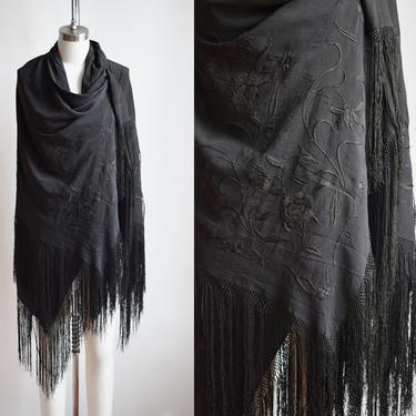 Antique Black Embroidered Silk Piano | 1900-1920s Vintage Black Silk with Hand Embroidered Floral Design and Long Fringe 