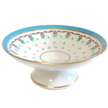 Lomonosov Pedestal Dish Vintage Anastasia Sevres Blue Hand Painted Ribbed Russian Porcelain Gilded Bowl 
