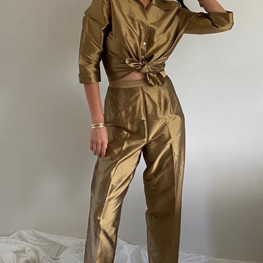 90s silk pant suit set / vintage bronze gold 100% silk dupioni matching 2 piece blouse pants suit set | L 