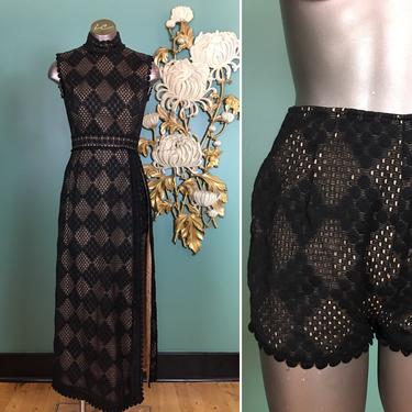 1960s maxi dress, sandine originals, vintage 60s dress, dress with shorts, 2 piece dress set, sexy black dress, nude illusion, size x small 