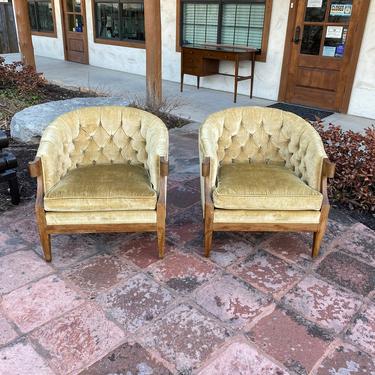 Pair of Baker Furniture Hollywood Regency Style, Gold Velvet Button Tufted Club Chairs, C. 1966 