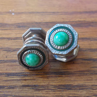 Vintage 1920s Snap Link Button Cuff Links with Dark Green Enamel and Light Green/ Turquoise Stone. 