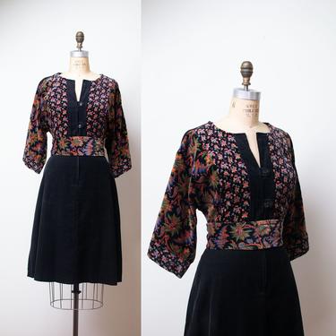 1970s Mixed Print Velveteen and Corduroy Dress / 70s Wide Sleeve Dark Floral Paisley Print Dress 