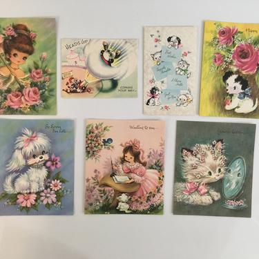 Vintage Greeting Cards 1950s Kids Nursery Decor Paper Ephemera Kitsch Kawaii Mid Century Baby Shower Dog Cat MCM Deadstock NOS Set of 7 