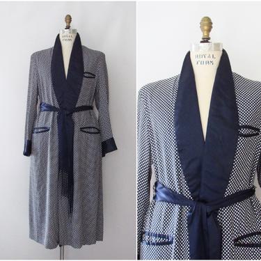 THE ROBE Vintage 40s Blue & White Polka Dot Rayon Mens Robe | 1940s Smoking Jacket Comfort Wear | 1950s 50s Loungewear | Mens Medium Large 