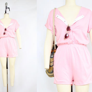 Vintage 80's Bubblegum Pink Romper / 1980's Stretchy Summer Pink Romper / Pockets / Comfortable and Soft Romper / Women's Size Medium by Ru
