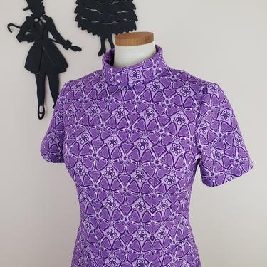 Vintage 1960's Purple Floral Shift Dress / 70s Polyester Day Dress L 
