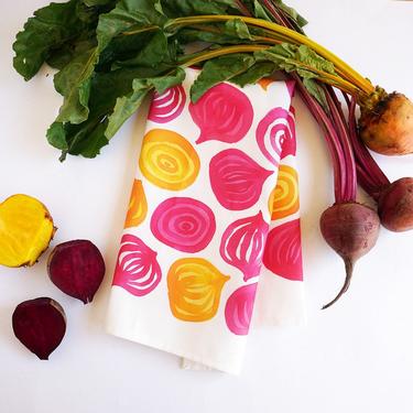 Spring beets tea towel • watercolor chioggia, ruby, and golden beets 