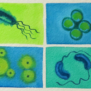 Blue and Green Bacteria - original watercolor painting - microbe art 
