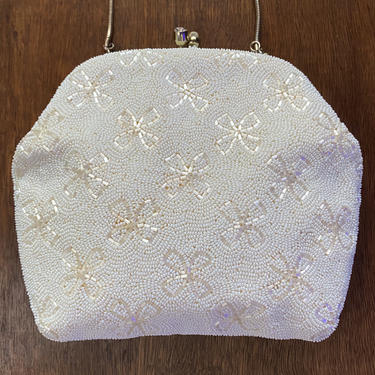 Vintage White Cream Beaded Evening Bag Purse 