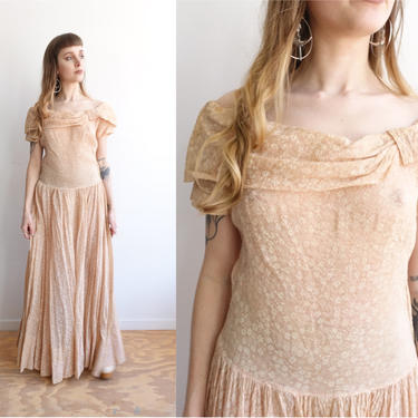 Vintage 30s Floral Cotton Organdy Pale Pink Gown/ 1930s 1940s Long Sheer Dress/ Size Small Medium 