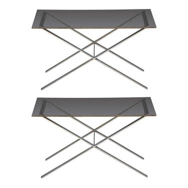 Pair of minimalistic stainless steel and glass side tables