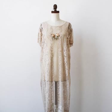 vintage 1920s ecru net lace embroidered dress 