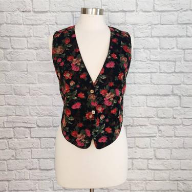 Vintage Floral Corduroy Vest // Black 80s 90s Button Up 