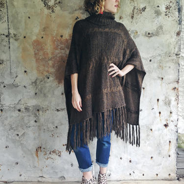 Montpellier Fringe Chocolate Brown Mohair Oversized Knit 1970s Sweater Jumper  Poncho XS S 